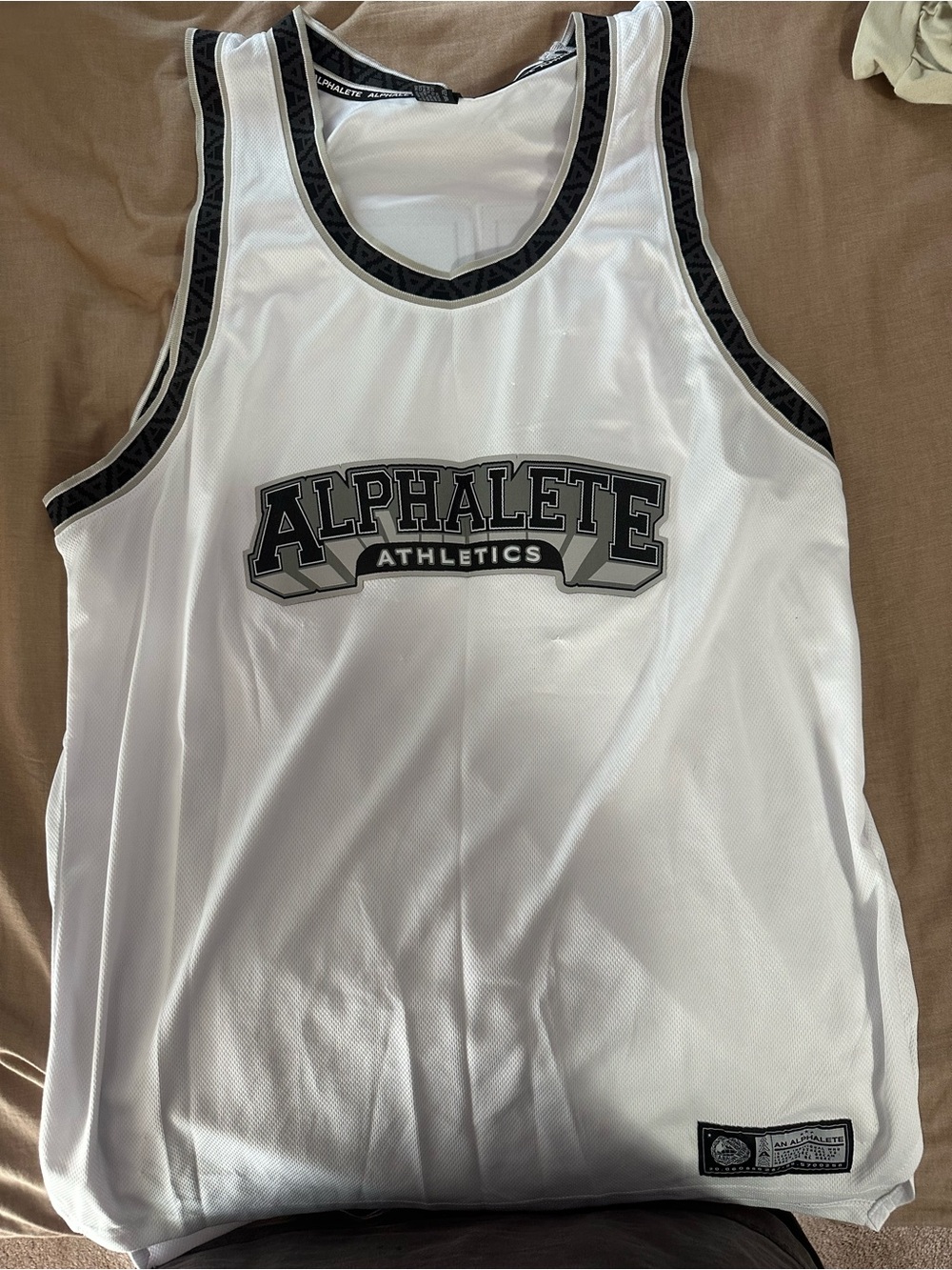 Alphalete White Mesh Tank with Black Trim and Logo